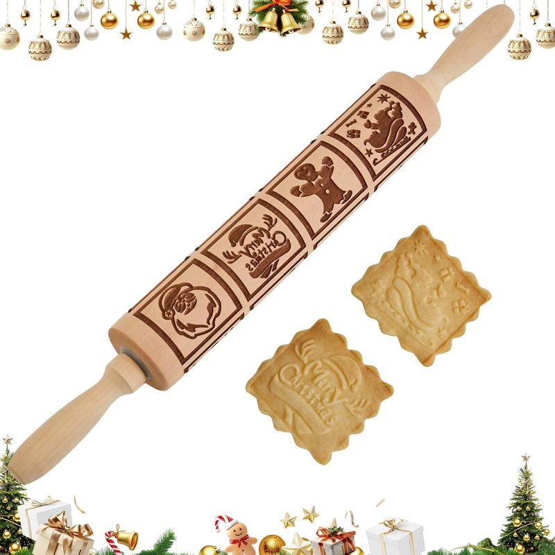 GOBAM Embossed Rolling Pin for Cookies, Engraved Wooden Rolling Pin for Baking, Deep Pattern Cookie Roller for Christmas, Holiday, DIY Kitchen Decor and Gift - Christmas Classic - Image 1
